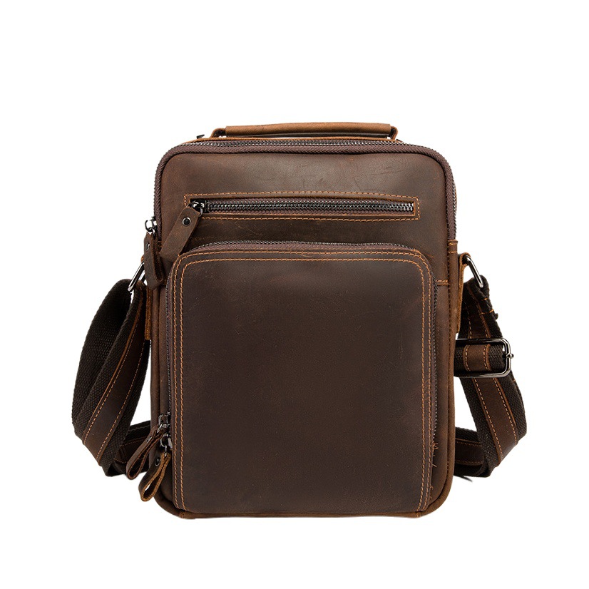 First-Layer Cowhide Shoulder Bag, Genuine Leather, High-End Feel, Crossbody Men's Leather Bag, Crazy Horse Leather, Unique Style, Cross-Border Wholesale, Simple Handbag