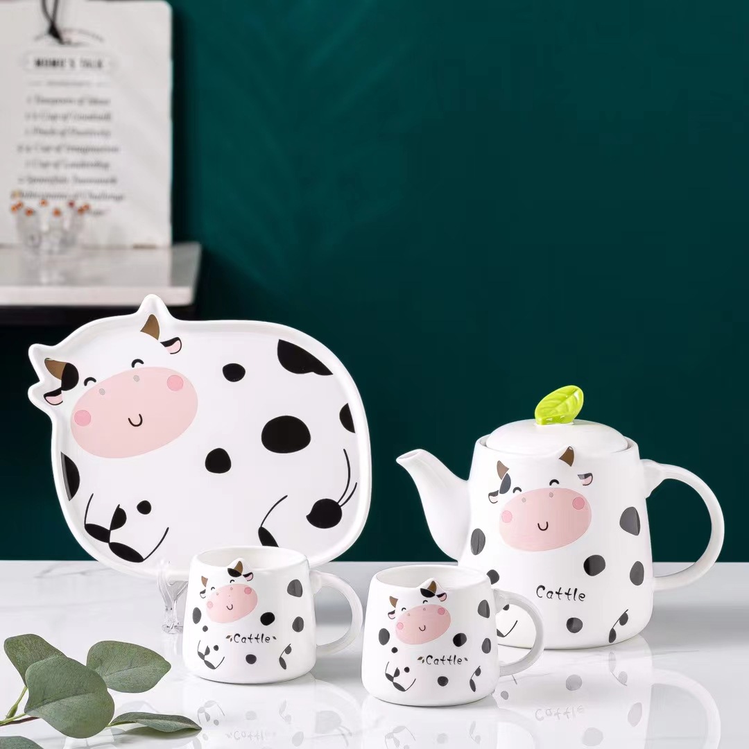 Juego de jarra de agua fría con diseño de vaca estilo caricatura y tazas, vajilla floral para té, tazas de cerámica para regalo, para bebidas frías.