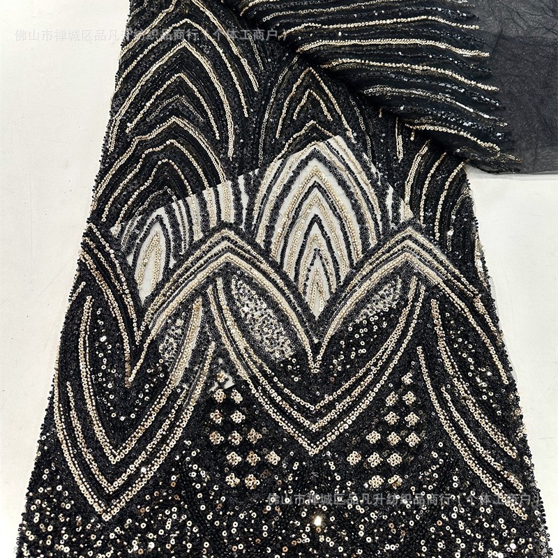 Tejido de malla de sequinilla de dos colores de moda de alta fijación de perlas de tela bordada europea y americana vestido de boda vestido de tela