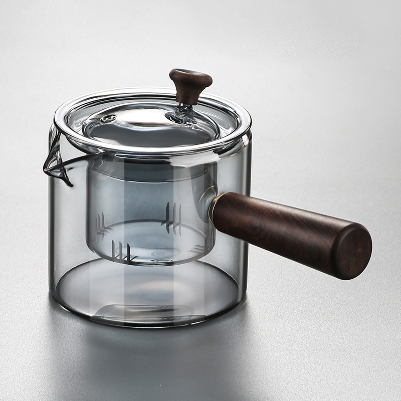 Borosilicato ahumado gris vidrio tetera mango lateral olla mango de madera maciza olla Kung Fu juego de té hogar gran capacidad tetera
