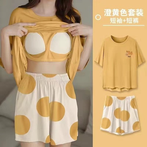 Summer short-sleeved pajamas with breast pads, women's two-piece pajamas, round neck pullover, printed home clothes, can be worn outside and shipped on behalf of others