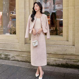 小香风羊毛呢套装裙女2026春秋新款女神范法式洋气显瘦长裙两件套