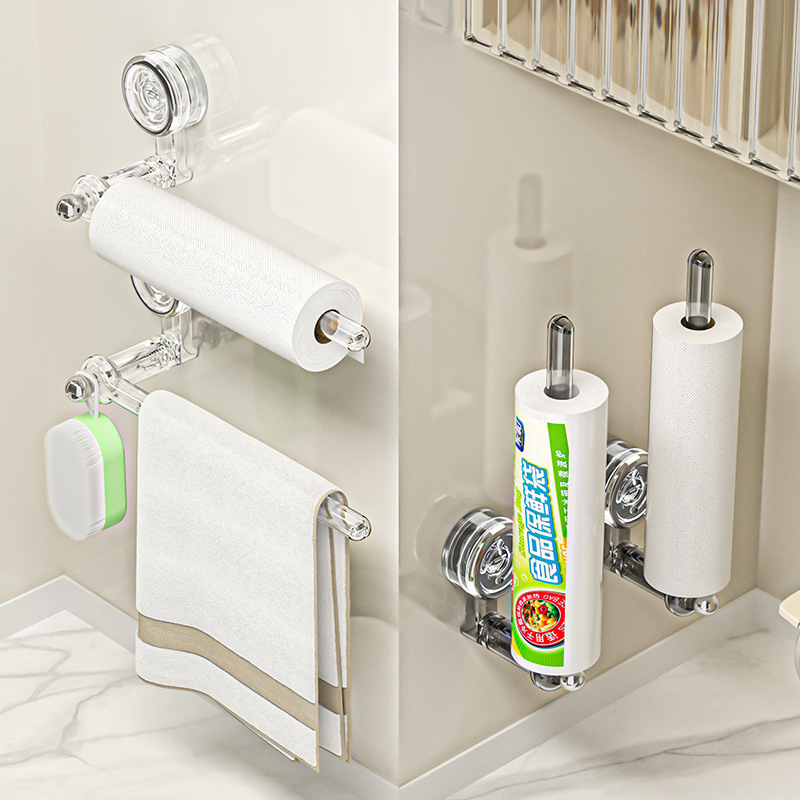 Suction Cup Kitchen Tissue Rack Punch-Free Wall-Mounted Rotatable Preservation Film Toilet Tissue Roll Paper Rack Storage Rack