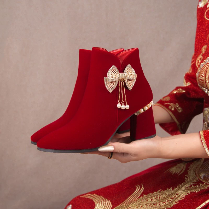 Свадебная обувь сапоги 2024 новый помолвка тост красные туфли на каблуках