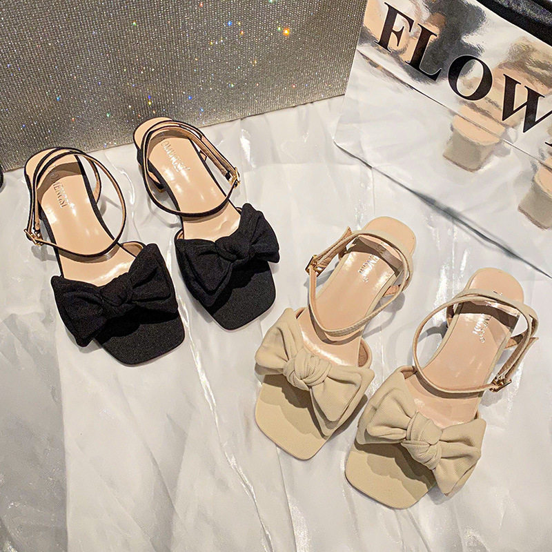 Dép sandal nữ quai ngang mũi vuông gót thấp 5 cm đế mềm, thắt nơ kiểu Pháp — Màu mơ, Màu đen