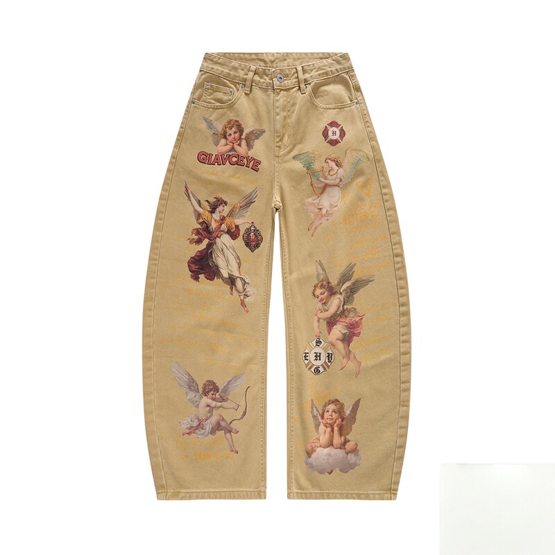 2026 Autumn New American High Street Angel Graffiti Jeans Unisex Full-Print Oil Painting Scimitar Wide-Leg Pants 2026 Autumn New American High Street Angel Graffiti Jeans Unisex Full-Print Oil Painting Scimitar Wide-Leg Pants