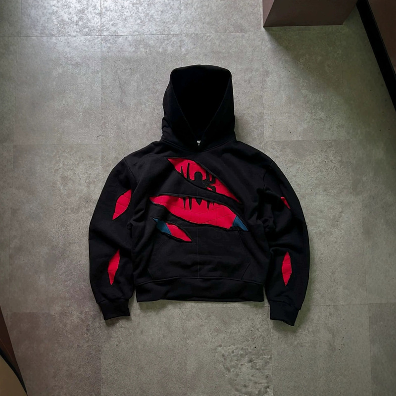 Cross-Border Y2K Millennium Dark Style Spider-Man Patchwork Sweatshirt Red and Black Color-Blocking Vintage Anime Loose Hoodie