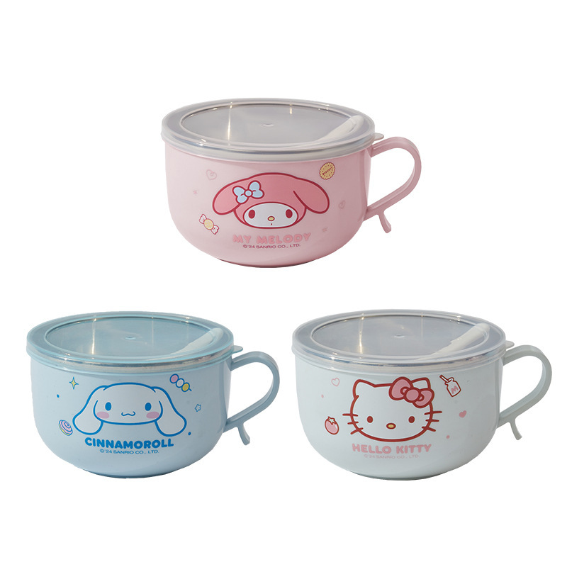 サンリオ蓋付きステンレスボウル学生断熱パーマ防止ハンドルボウル子供食器食事ボウル家庭用カップラーメンボウル|undefined