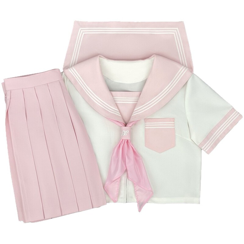 オリジナル JK 制服ピンク襟白三セーラー服本物の日本のカレッジスタイル夏秋女子学生クラス制服中間服|undefined