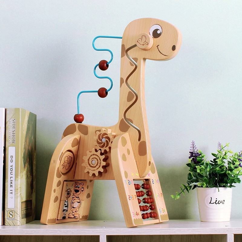 Educación temprana para niños de madera, bloques de construcción de rompecabezas, animales de dibujos animados, frutas alrededor de las cuentas, ejercicios de coordinación ojo-mano para bebés, juguetes educativos