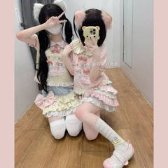 小柄で柔らかい女の子向けのオリジナル娘服、かわいい和菓子のレースTシャツ、スイートケーキスカート