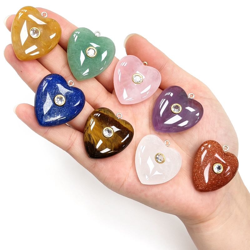 Natural Stone Heart-Shaped Pendant with Diamonds, Lapis Lazuli and Tiger Eye Stone Heart-Shaped Pendant, DIY Necklace Accessories, Heart-Shaped Ornament