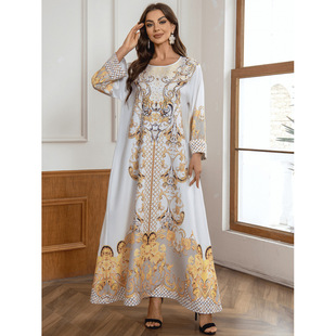 Middle East Europe and the United States cross-border foreign trade hot-selling Muslim women's robes printed nail beads hot drilling dress