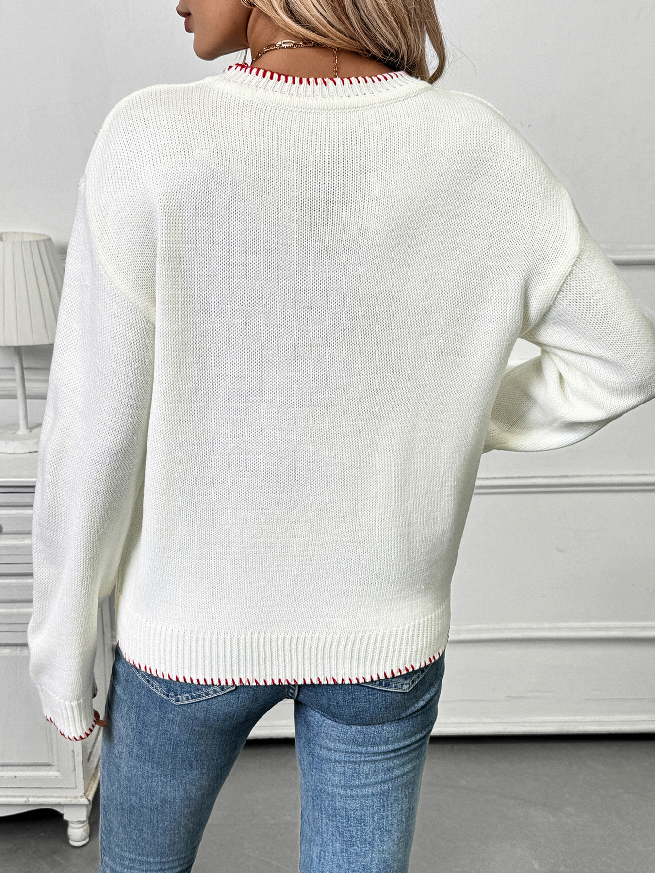 Women's Strawberry Jacquard Knit Sweater - Soft Acrylic Pullover With Loose Fit, Round Neck, Long Sleeves For Casual Comfort_voghion.com