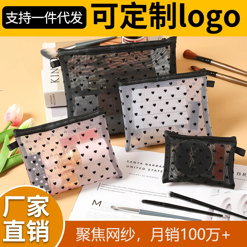 Набор портативных прозрачных косметичек в форме сердца из флокированной пряжи в стиле Ins с полым дизайном для путешествий