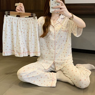 ins粉色碎花皱布睡衣女夏季新款甜美小清新短袖家居服三件套批发