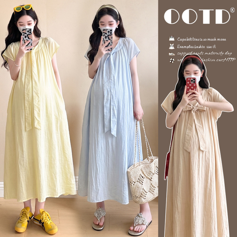 Maternity Dress 2026 Summer Bow Tie Small Flutter Sleeves Loose Fit Conceals Belly Thin Long Dress Maternity Dress 2026 Summer Bow Tie Small Flutter Sleeves Loose Fit Conceals Belly Thin Long Dress