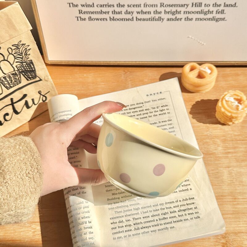 Rainbow Polka Dot Cream Ceramic Ins-Style Cute Girly Underglaze Color Rice Bowl Set Tableware