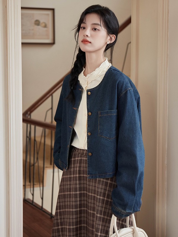 日系宽松简约圆领牛仔长袖外套女2025秋季单排扣复古百搭修身上衣|undefined