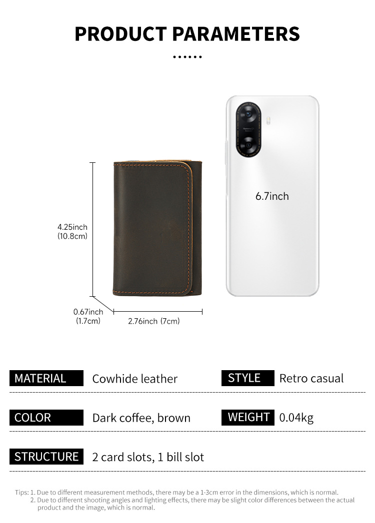 Ví da nam gập mini siêu mỏng phong cách retro, đựng thẻ và tiền xu du lịch — Màu nâu sẫm, màu nâu chi tiết 3