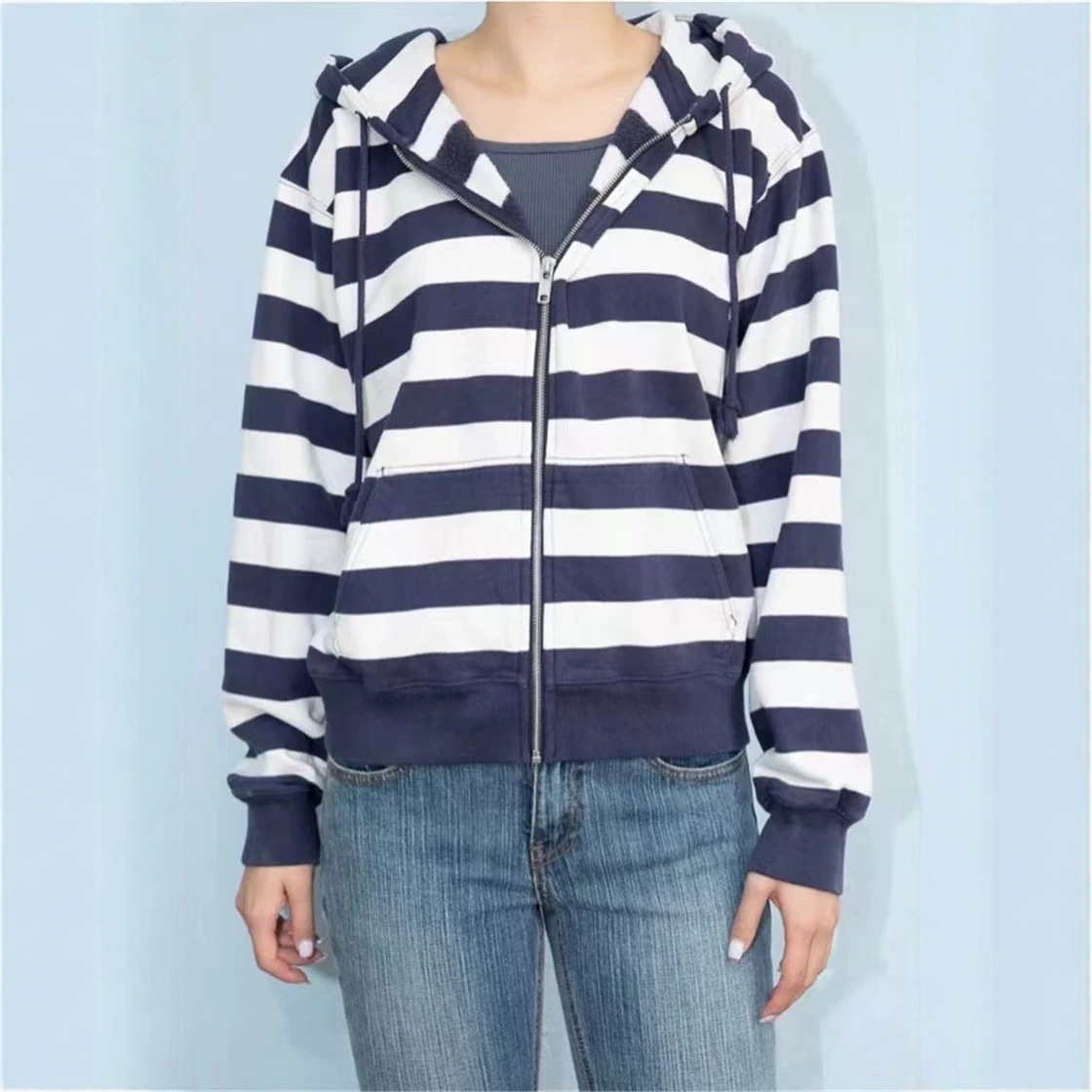 Bm Style New Color-Blocked Striped Zipper Hooded Cardigan for Women, Versatile Casual Fashion Sweatshirt Long-Sleeve Jacket Top