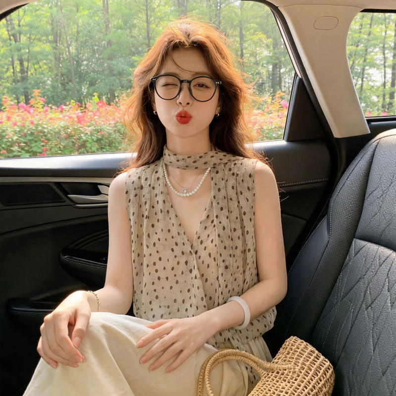 Old Money Style Light Luxury Polka Dot Flutter Collar Sleeveless Shirt for Women, New Summer Fashion Versatile Vest Top A13323 Old Money Style Light Luxury Polka Dot Flutter Collar Sleeveless Shirt for Women, New Summer Fashion Versatile Vest Top A13323