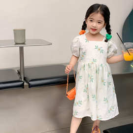 韩国童装女童刺绣花朵连衣裙23夏装洋气小女孩甜美清泡泡袖公主裙