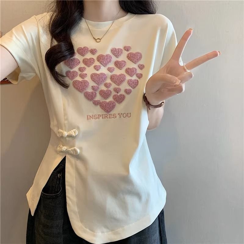 Tamaño grande 2024 nueva camiseta de manga corta de verano con sentido de diseño irregular Las mujeres gordas mm cubren el vientre y se adelgazan image 7