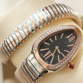 BV厂蛇头表明星网红同外贸镶钻蛇形手表精钢带蛇头三圈手镯式女表