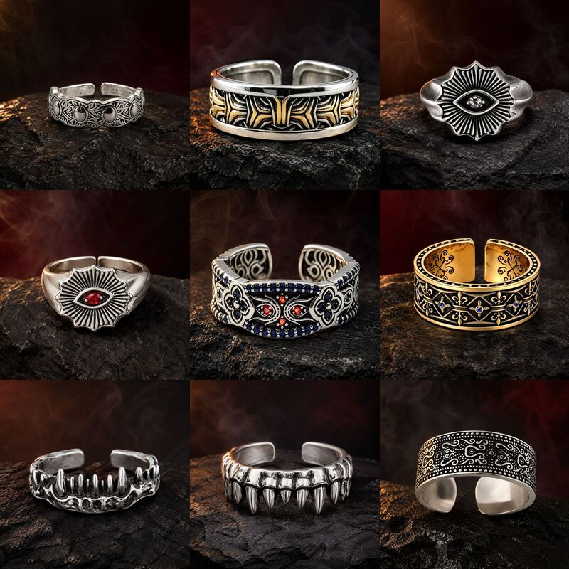 European and American cross-border men's ring, antique-style vintage open ring with seven beads, retro embossed arabesque pattern ring jewelry European and American cross-border men's ring, antique-style vintage open ring with seven beads, retro embossed arabesque pattern ring jewelry