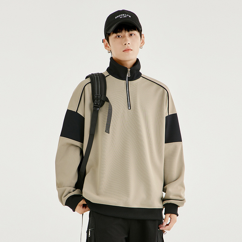 360g heavy retro American thickened color matching pullover sweater jacket loose half zipper lapel long sleeve men's T-shirt