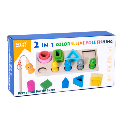 CPC CE wooden magnetic fishing two-in-one geometric shape matching set of column building blocks children's educational early education toys