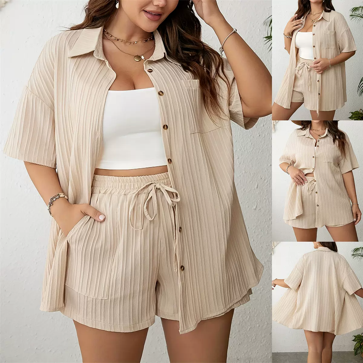 欧美跨境亚马逊2025外贸新款大码女装夏季新款时尚两件套休闲套装