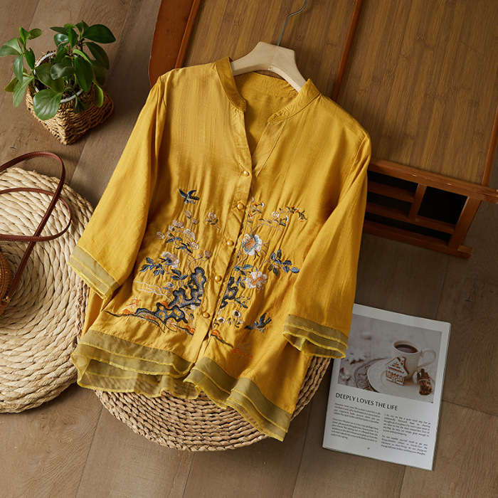文学レトロ刺繍シャツトップ 2025 夏の新スタイルヘビーウェイト刺繍ボタン付きコットンとリネンシャツ|undefined