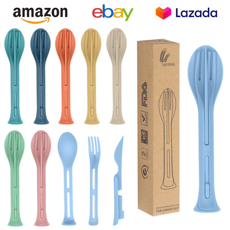 Temu Cross-Border Wheat Straw Three-In-One Knife, Fork and Spoon Tableware Set Outdoor Portable Plastic Knife, Fork and Spoon Three-Piece Set