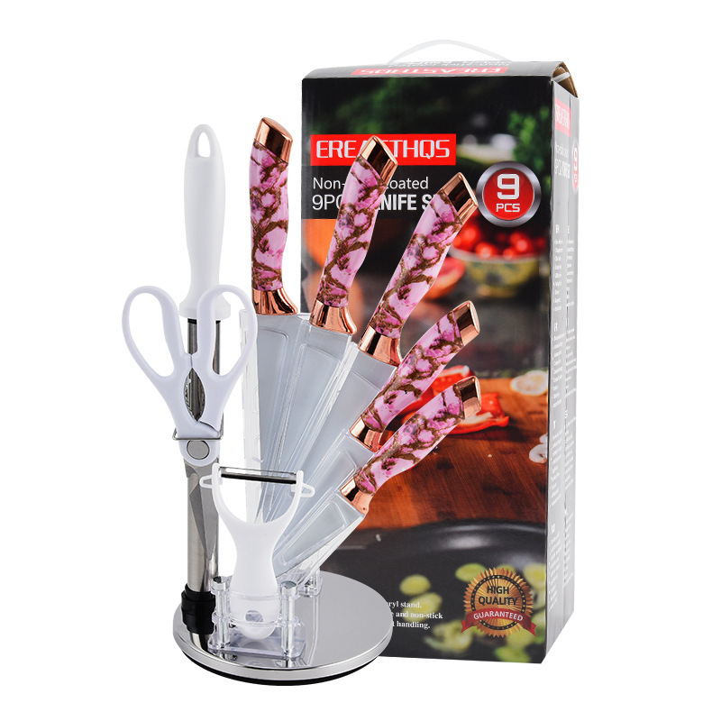 Nuevo cabezal de galvanoplastia doble transfronterizo de acero inoxidable, portaherramientas giratorias, juego de cuchillos de cocina de 9 piezas, juego de cuchillos para el hogar de cocina