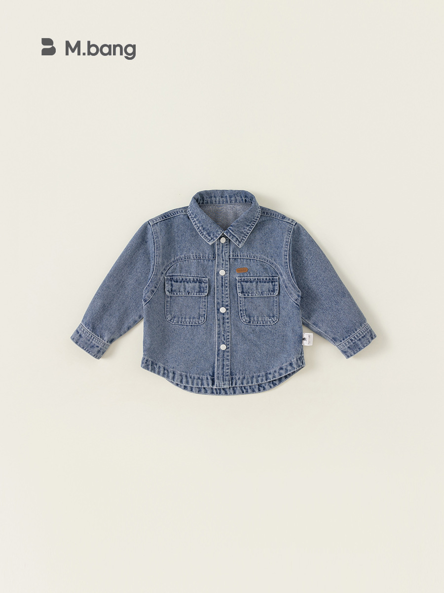 Ropa infantil Bangxuan, chaqueta para niños, camisa con costuras decorativas y cuello vuelto, ropa de mezclilla de manga larga para primavera y otoño, top para niñas