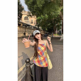 甜辣妹彩色格子吊带背心女夏季新款时尚百搭不规则收腰chic上衣潮
