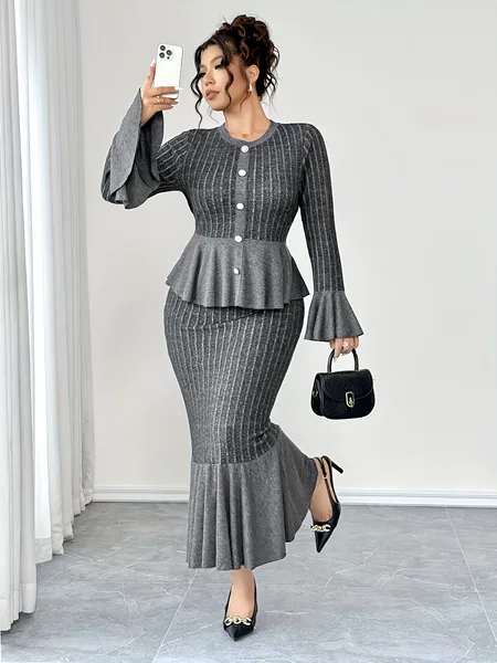 Cross-Border Amazon Women's Plus-Size Spring and Autumn Ribbed Round-Neck Flared Sleeve Bodycon Thin Elegant Slim-Fit Dress