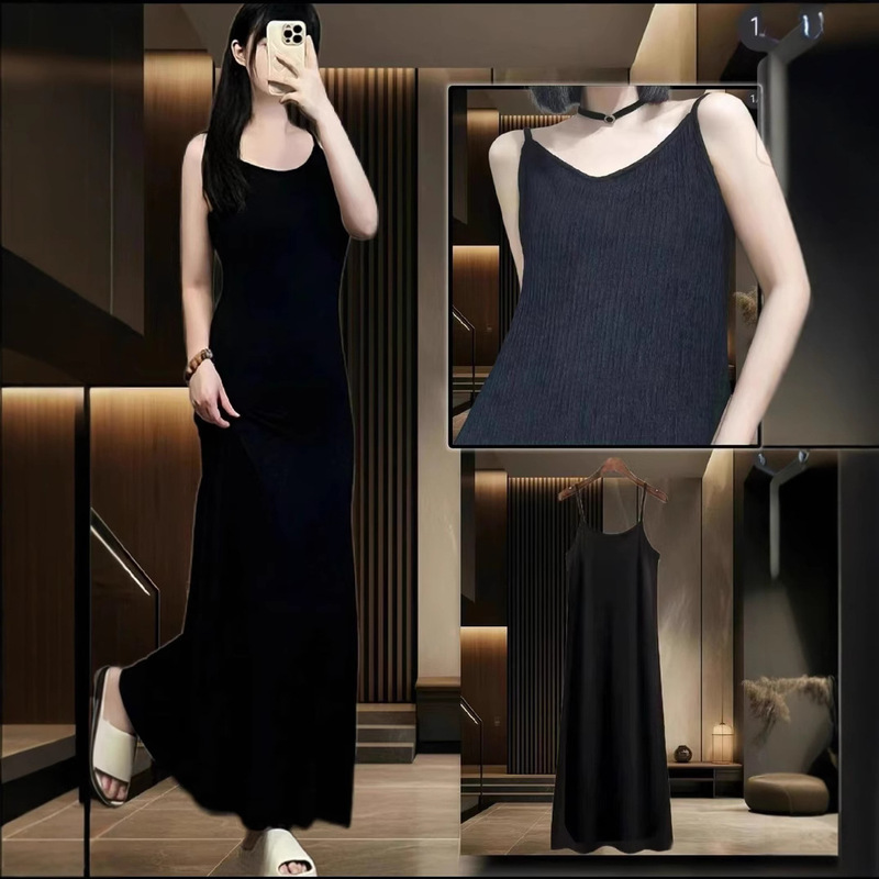 Outer Wear V-Neck Sling Long Dress dress Dopamine Solid Color Loose Slimming Black Long Over-the-Knee Home Nightgown