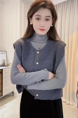 2025春秋新款休闲显瘦百搭叠穿纯色针织马甲开衫圆领坎肩上衣女