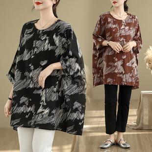 Real Shot 2025 Summer New Artistic plus size Loose Printed Crewneck Seven Sleeve T-shirt Women's Top #8106