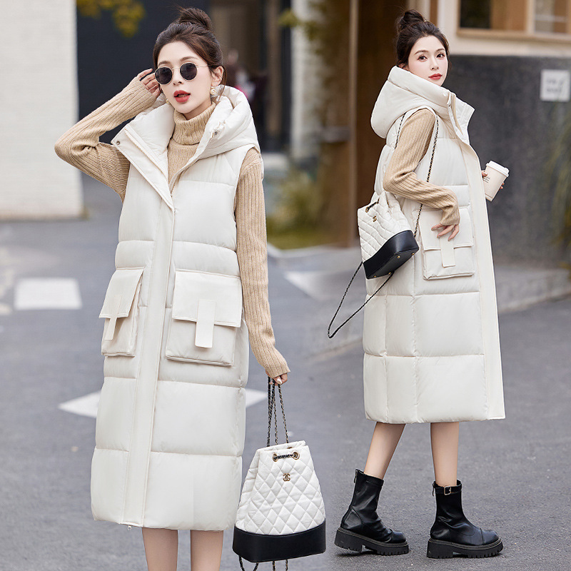 Comercio exterior otoño y invierno nuevo chaleco de algodón de pluma de mujer largo sobre la rodilla estilo coreano delgado hombro de hombro universal chaqueta de clip de caballo image 4