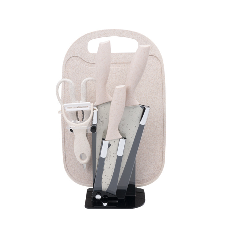 Fabricante de paja de trigo de color con cuchillo base 6 piezas de cuchillo de acero inoxidable cuchillo de cocina doméstico conjunto de regalo