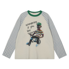 アメリカ式肩袖tシャツ女性春夏新作手描きプリント長袖ボトムシャツy 2k亜比風衝突色上着ブーム