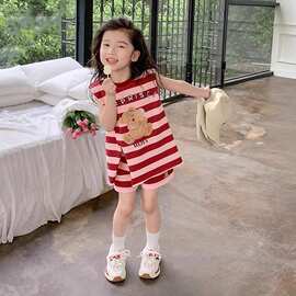 女童条纹夏装背心套装新款韩版宝宝夏天衣服小女孩短袖两2026新款