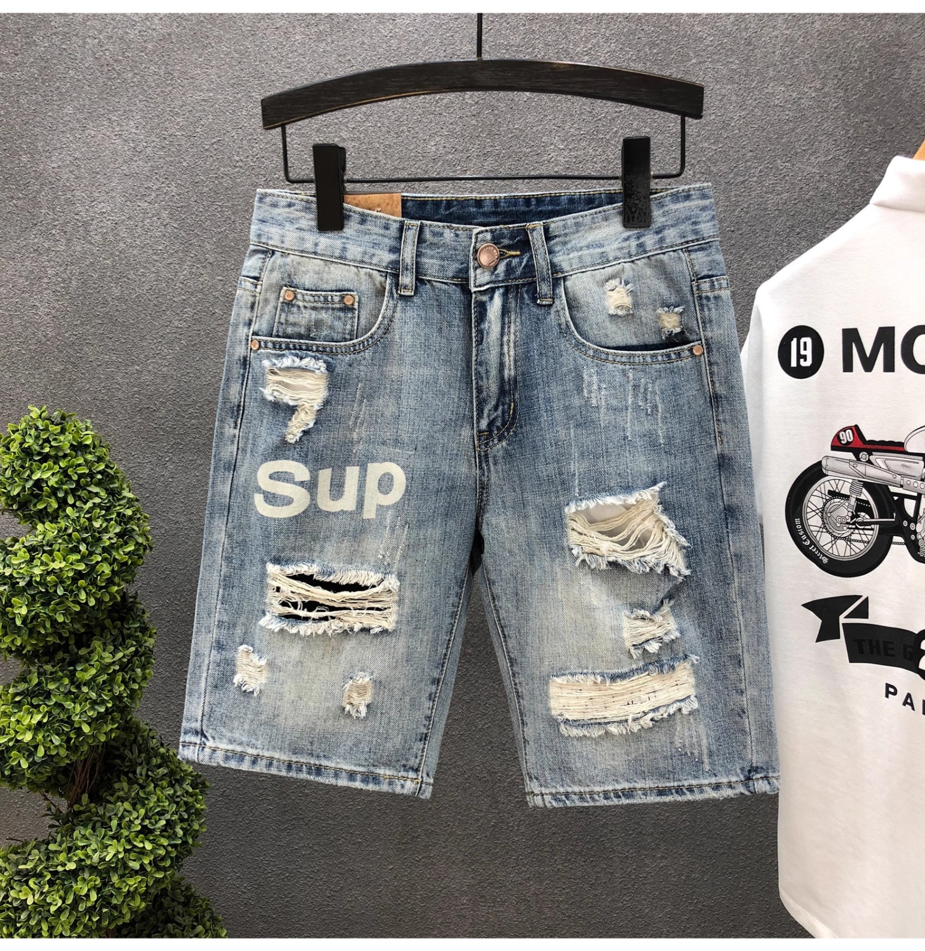 Men's Ripped Denim Shorts Summer Wear Resistant Light Colored Elastic Comfortable Casual Handsome Washed Retro Shorts_mkmklike.com