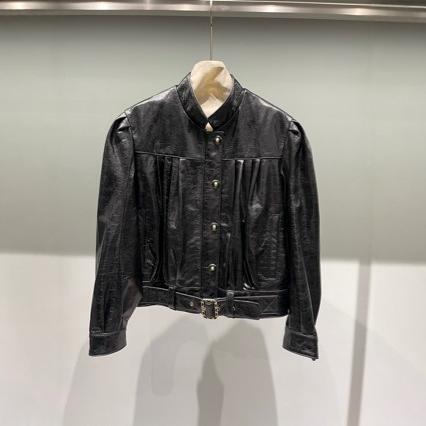 Haining Autumn and Winter New Oil Wax Goatskin Small Fragrance Puff Sleeve Genuine Leather Jacket Pleated Belt Flight Jacket