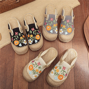 2025 Ethnic Style Trendy Slippers Outer Wear Cloth Shoes Antique Embroidered Slippers Women's Slip-on Hand-woven Summer Slippers