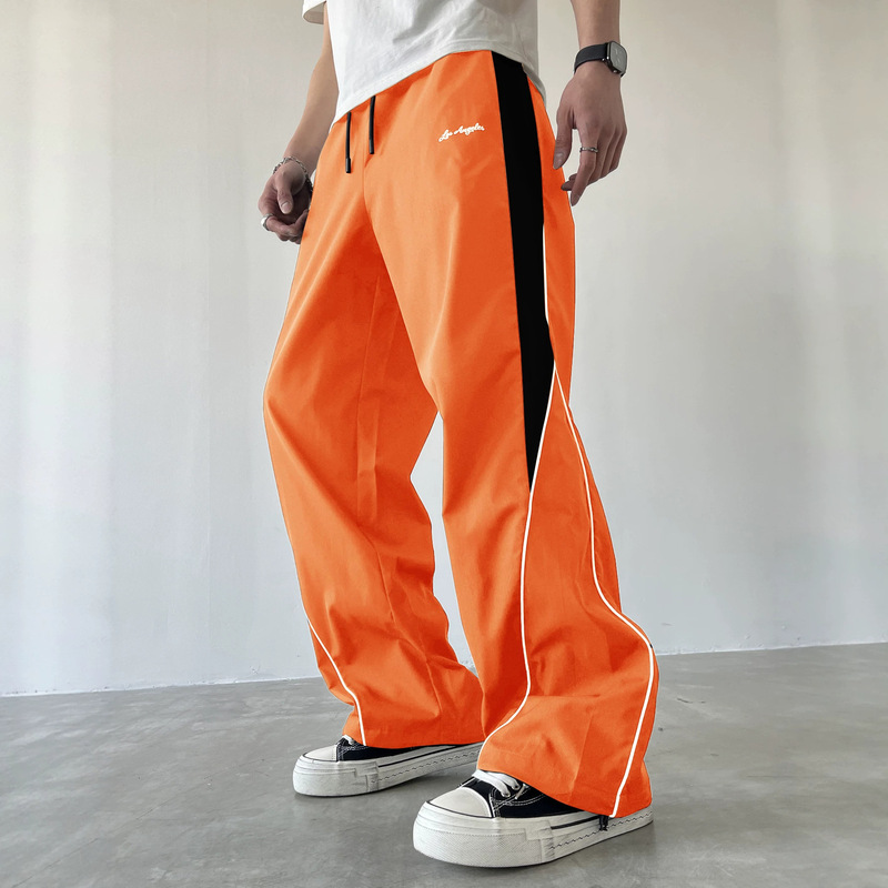 Cross-border Amazon men's color-blocked side stripe wide-leg sports drawstring elastic waist trendy straight casual pants